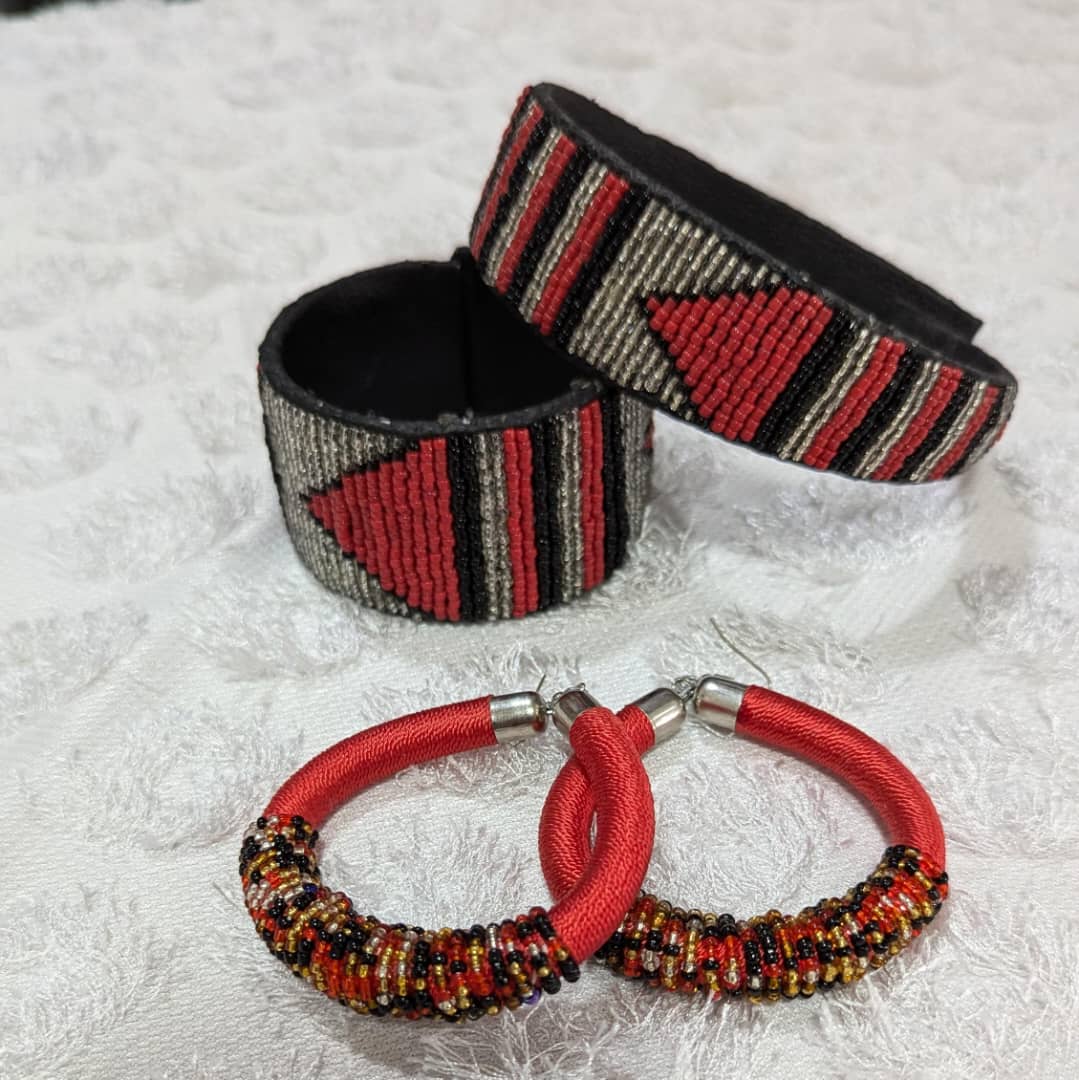 Crimson Arrow Beaded Cuff & Hoops Set