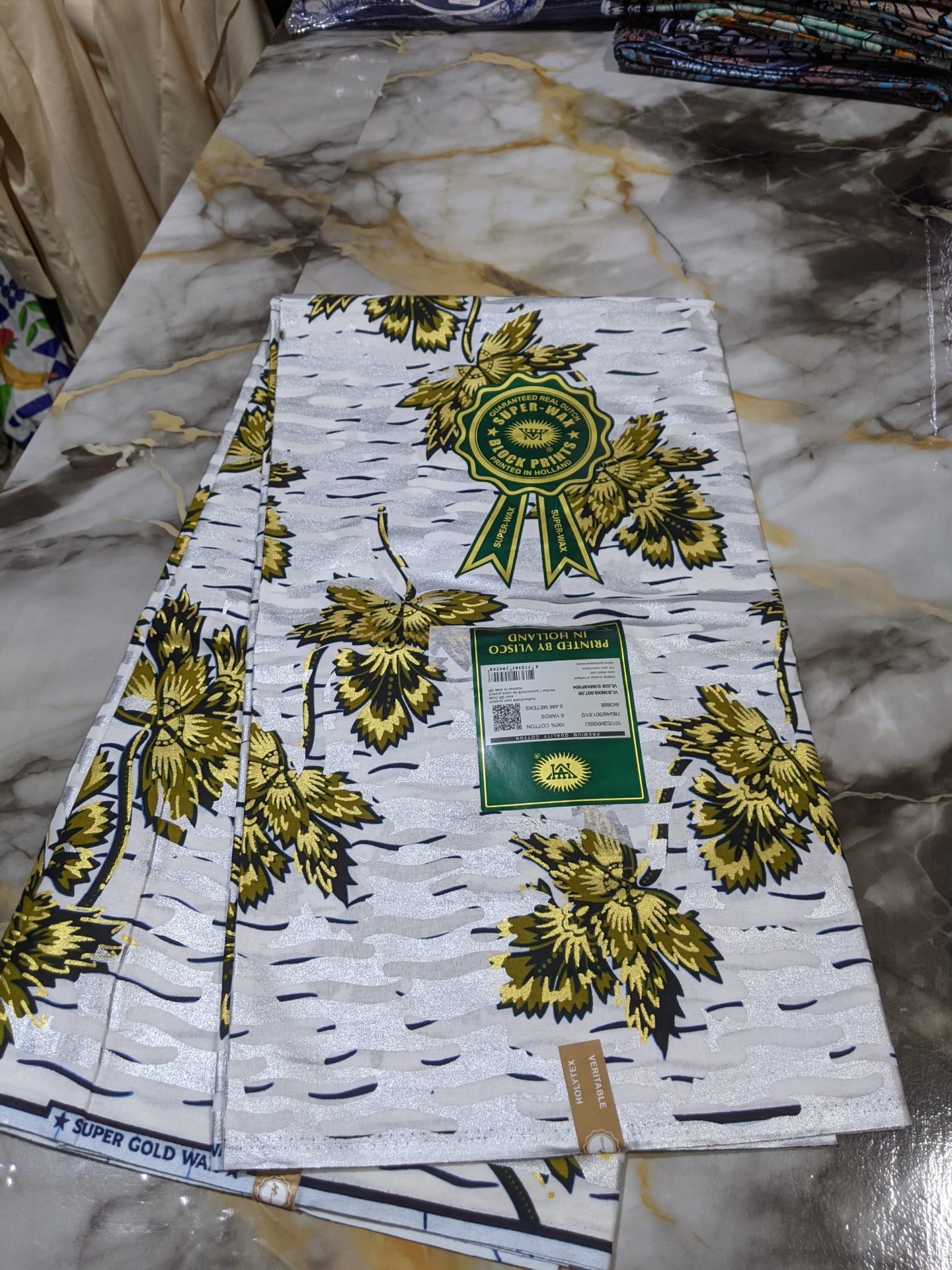 Vlisco Super-Wax Ivory & Gold Laurel Block Print