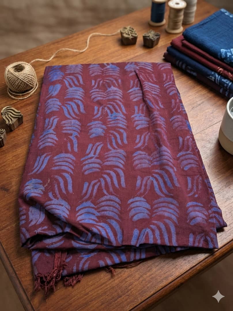 Burgundy & Blue Fern Adire Crepe
