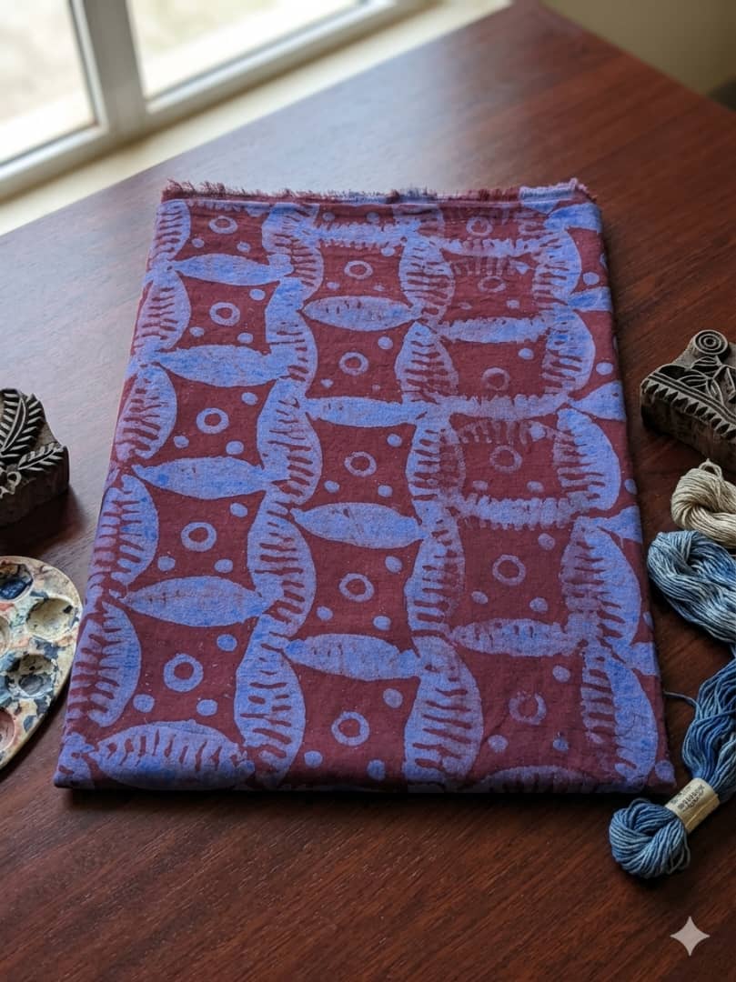Rust & Cornflower Cowrie Adire Crepe