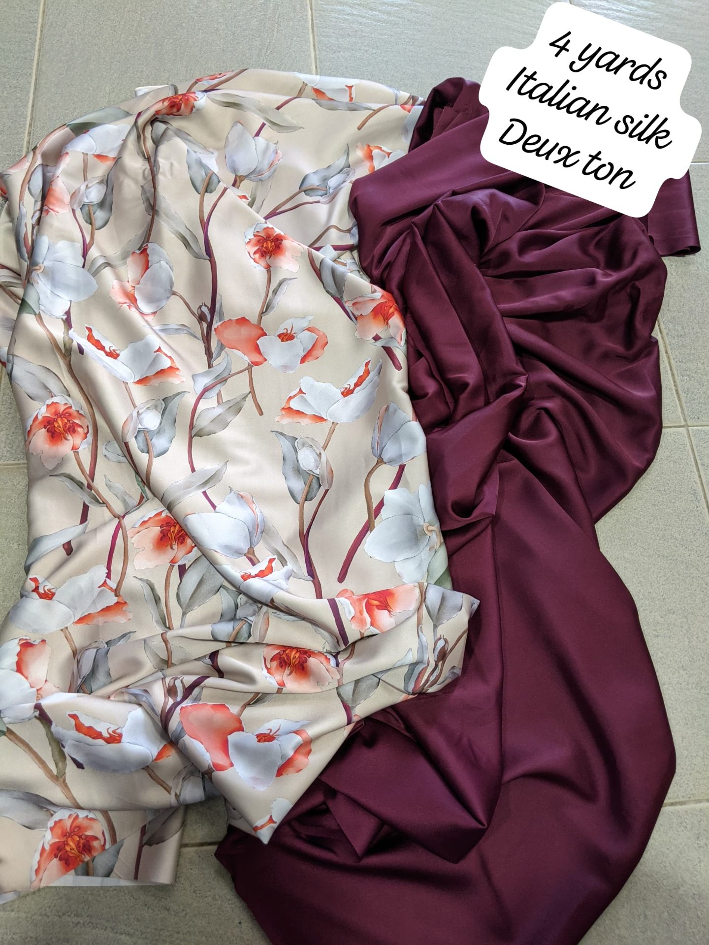 Ivory Poppy Floral & Burgundy Two-Tone Italian Silk