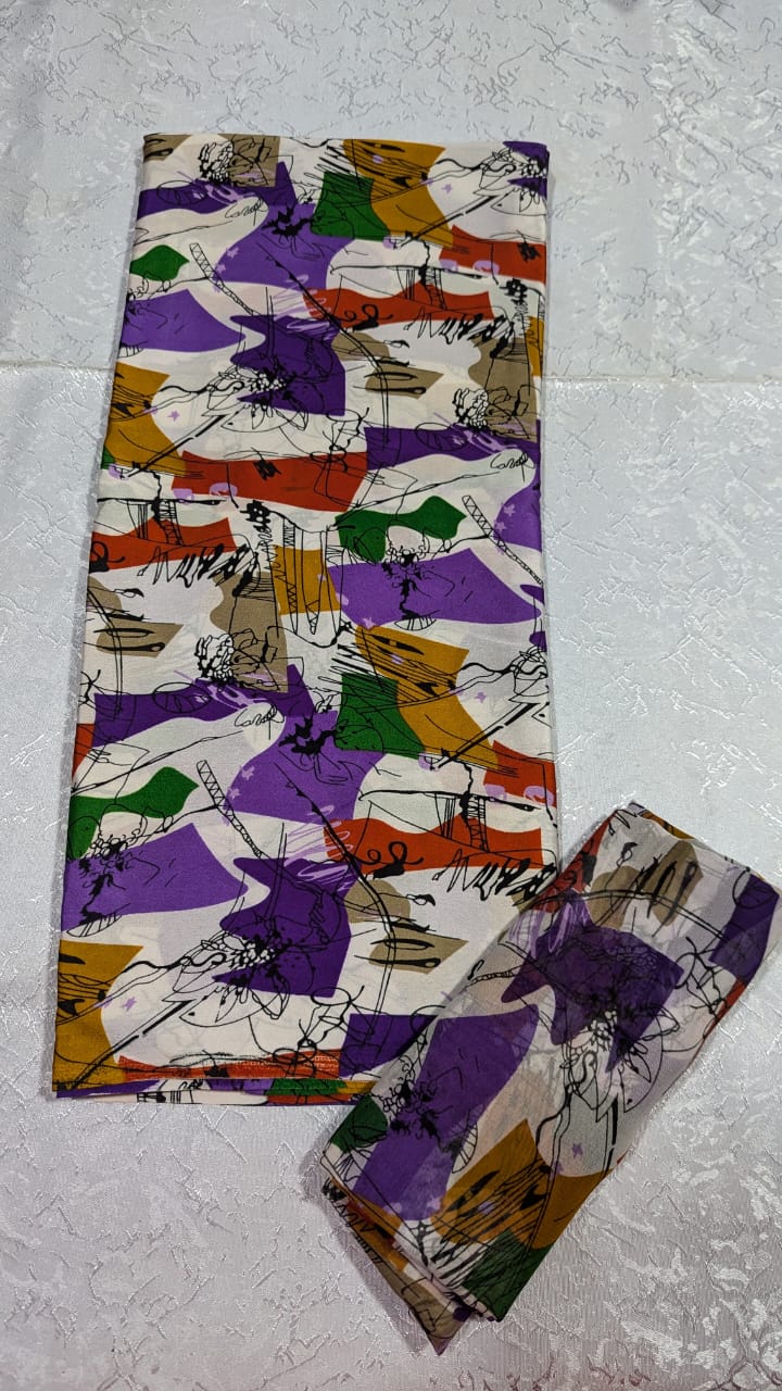 Silk Chiffon Ivory & Purple Abstract Brushstroke